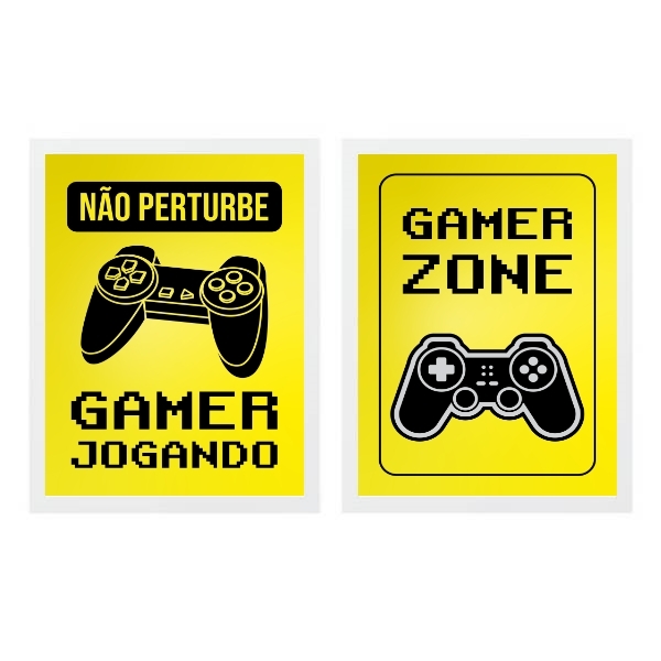 Kit 2 Quadros Gamer Zone Amarelo 33x24cm - Com Vidro Moldura: