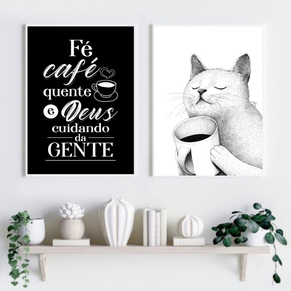Kit 2 Quadros Gatinho Café Amor E Fé 45x34cm - Com Vidro Mold