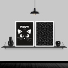 Kit 2 Quadros Gatinho Meow Preto E Branco 33x24cm - Com Vidro