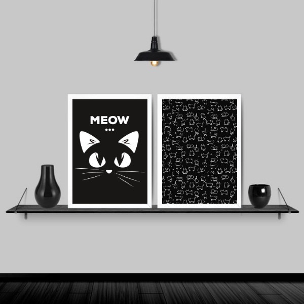 Kit 2 Quadros Gatinho Meow Preto E Branco 33x24cm - Com Vidro