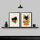 Kit 2 Quadros Gato Com Flores 45x34cm - Com Vidro Moldura:mad