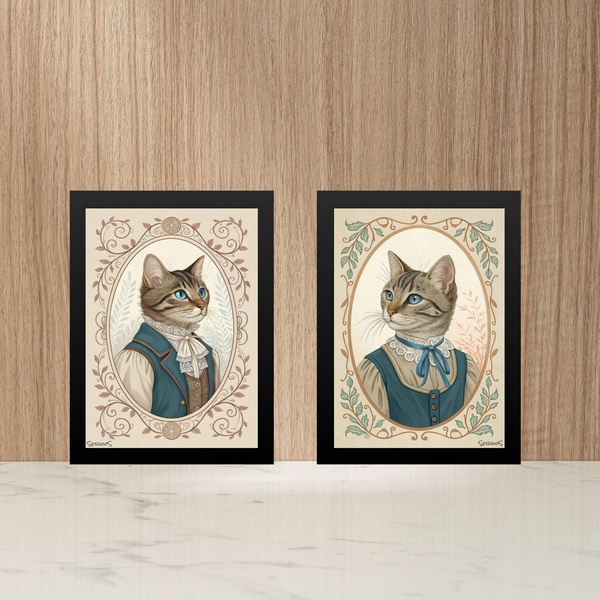 Kit 2 Quadros Gato E Gata - Clássicos Vintage 24x18cm Moldura