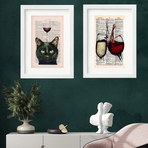 Kit 2 Quadros Gato E Vinhos - 60x48cm Moldura:madeira Preta