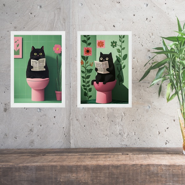 Kit 2 Quadros Gato No Banheiro - Verde E Rosa 33x24cm Moldura