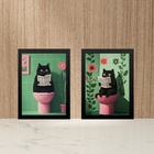 Kit 2 Quadros Gato No Banheiro - Verde E Rosa 45x34cm - Com V