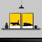 Kit 2 Quadros Gato Preto Fundo Amarelo 24x18cm - Com Vidro Mo