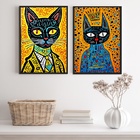 Kit 2 Quadros Gatos Vibrantes - Pop Arte 24x18cm - Com Vidro