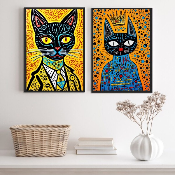 Kit 2 Quadros Gatos Vibrantes - Pop Arte 45x34cm - Com Vidro