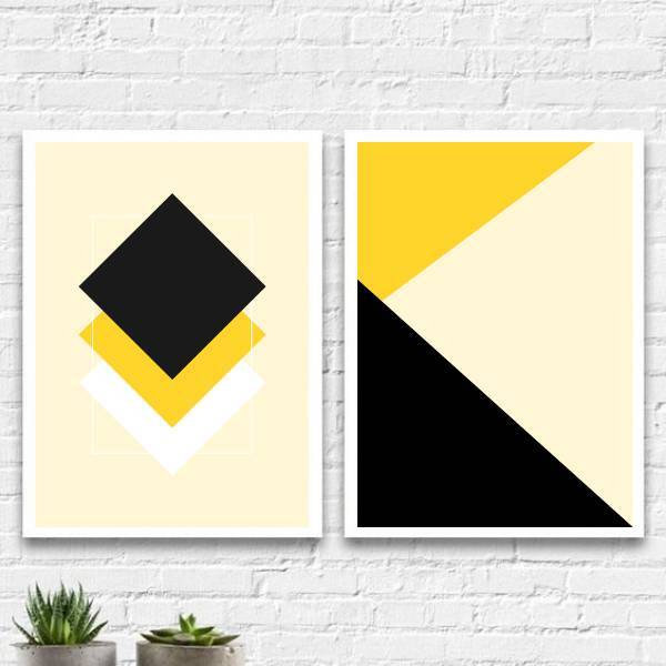 Kit 2 Quadros Geométricos Amarelo E Preto 24x18cm Moldura:mad