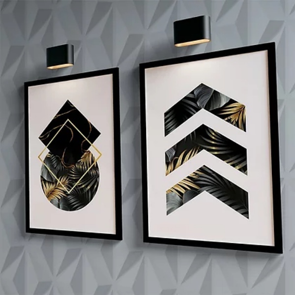 Kit 2 Quadros Geométricos Folhas Preto/ouro 33x24cm Moldura:m