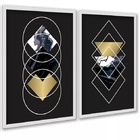 Kit 2 Quadros Geométricos Preto Dourado Mármore 24x18cm Moldu