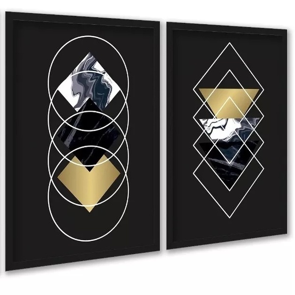 Kit 2 Quadros Geométricos Preto Dourado Mármore 45x34cm - Com