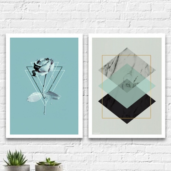 Kit 2 Quadros Geométricos Rosa Tiffany 24x18cm Moldura:madeir