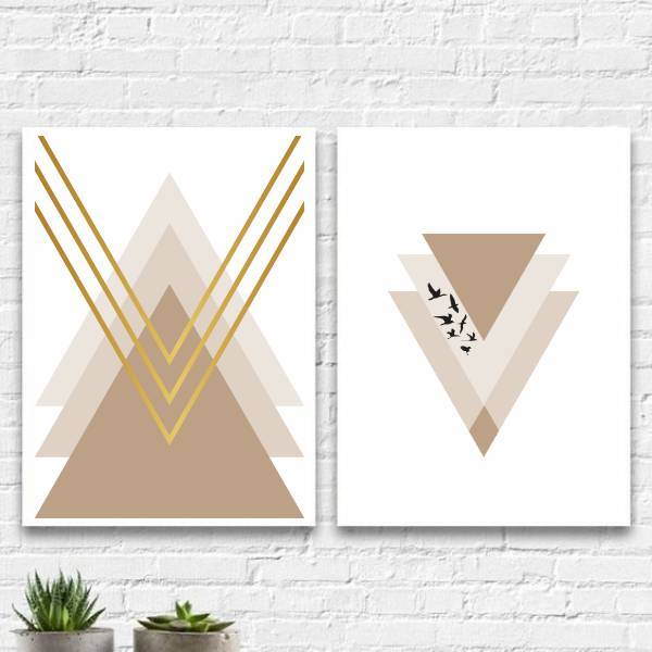 Kit 2 Quadros Geométricos Rosês Gold 33x24cm Moldura:madeira