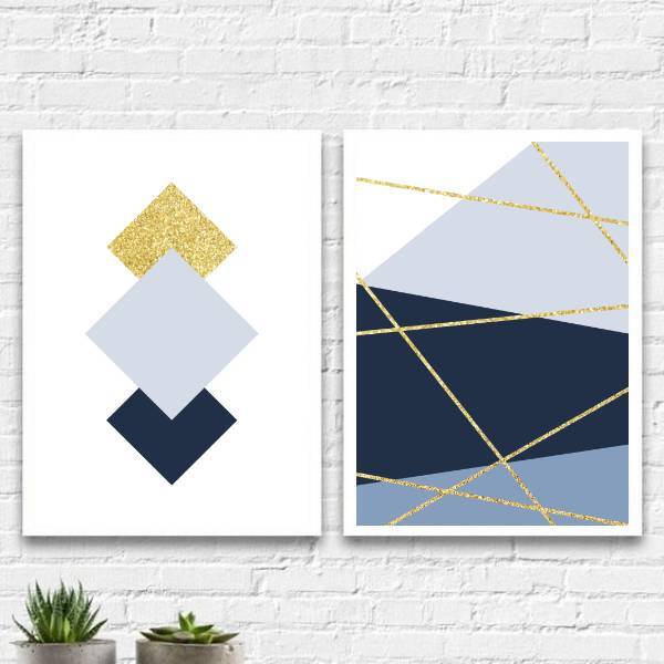 Kit 2 Quadros Geométricos Tons De Azul 33x24cm Moldura:madeir