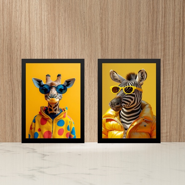 Kit 2 Quadros Girafa E Zebra Fashion De Óculos 24x18cm - Com