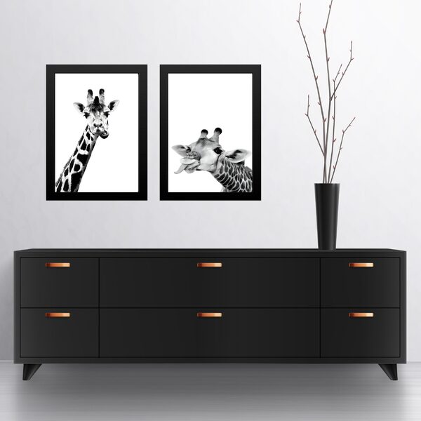 Kit 2 Quadros Girafas Preto E Branco 45x34cm Moldura Branca