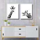Kit 2 Quadros Girafas Preto E Branco 45x34cm Moldura Branca