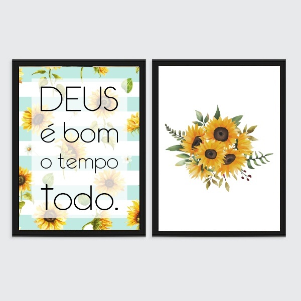 Kit 2 Quadros Girassóis Deus É Bom 33x24cm - Com Vidro Moldur