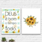Kit 2 Quadros Girassóis Deus É Bom 33x24cm Moldura:madeira Br