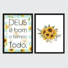 Kit 2 Quadros Girassóis Deus É Bom 33x24cm Moldura:madeira Pr