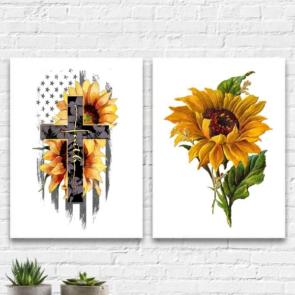 Kit 2 Quadros Girassóis Faith Cruz 33x24cm - Com Vidro Moldur