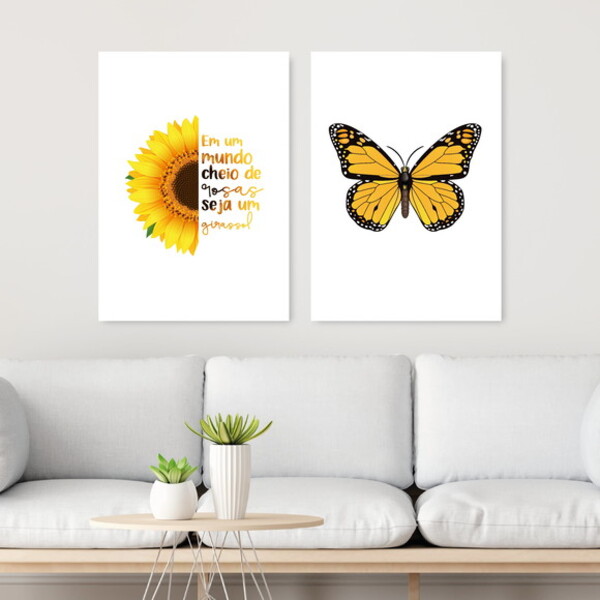 Kit 2 Quadros Girassol E Borboleta 33x24cm - Com Vidro Moldur