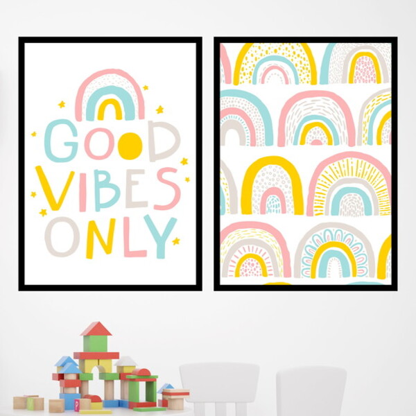Kit 2 Quadros Good Vibes Arco-íris 33x24cm - Com Vidro Moldur