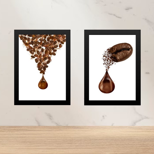 Kit 2 Quadros Gotas Grãos De Café 45x34cm Moldura Preta