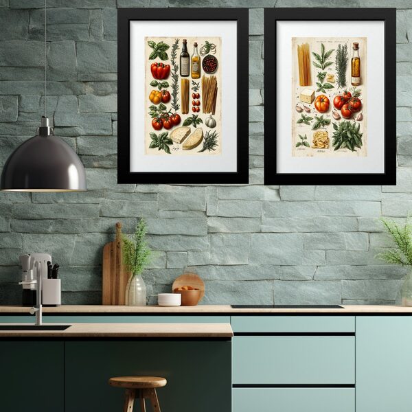 Kit 2 Quadros Grandes Cozinha Italiana- 60x48cm Moldura Preta