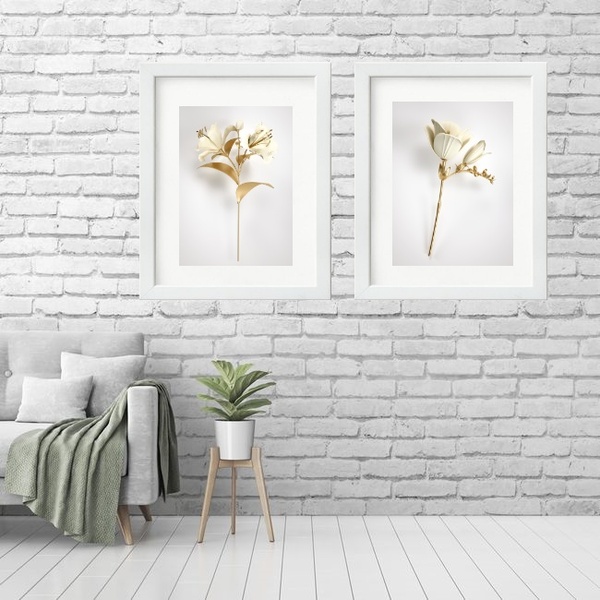 Kit 2 Quadros Grandes Flores Branca Dourado - 60x48cm Moldura