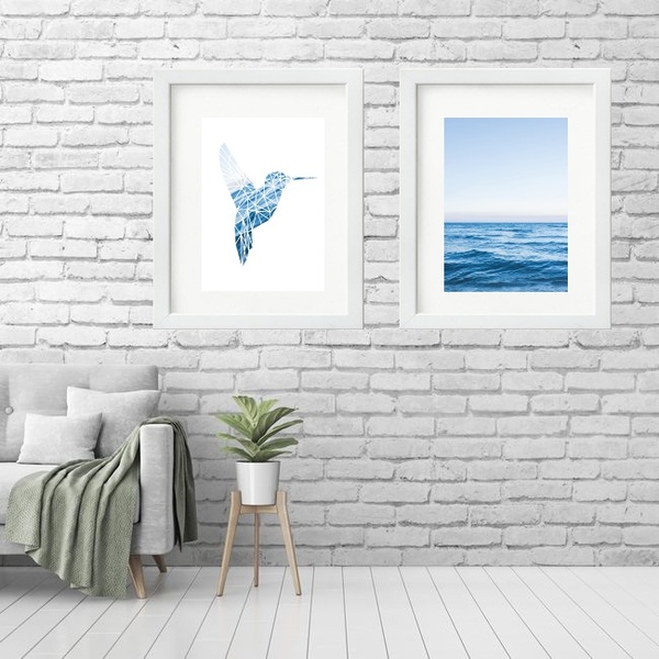 Kit 2 Quadros Grandes Mar Beija-flor - 60x48cm Moldura:madeir