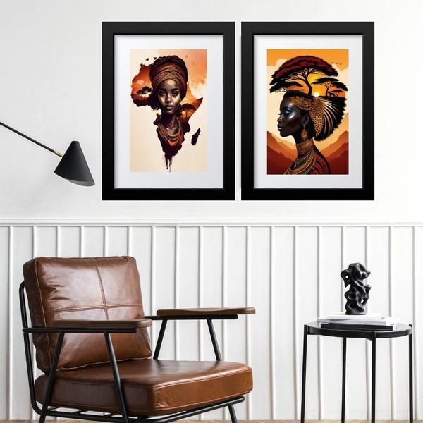 Kit 2 Quadros Grandes Mulher África - 60x48cm Moldura:madeira