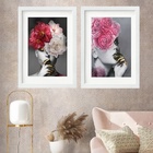 Kit 2 Quadros Grandes Mulher Flores - 60x48cm Moldura:madeira