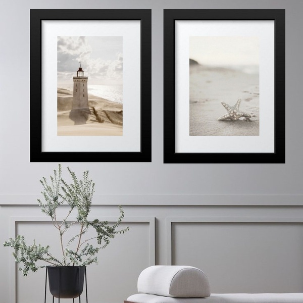 Kit 2 Quadros Grandes Praia Farol - 60x48cm Moldura:madeira P