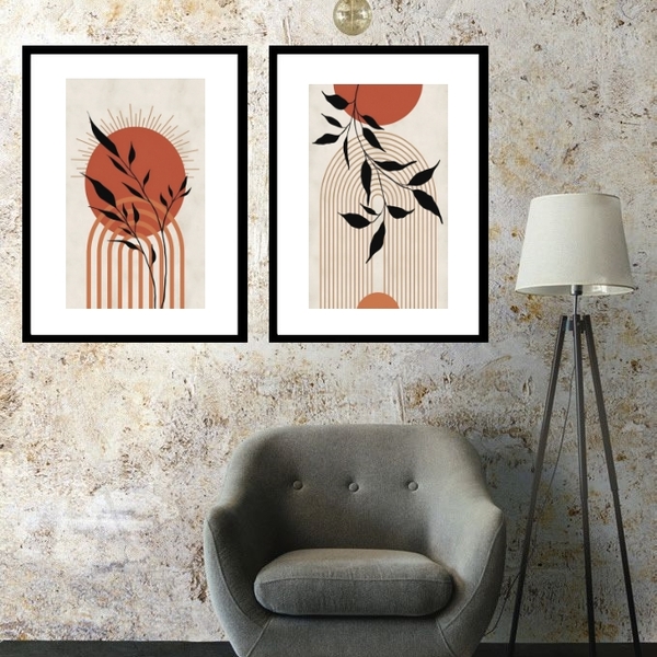 Kit 2 Quadros Grandes Sol Boho - 60x48cm Moldura:madeira Preta