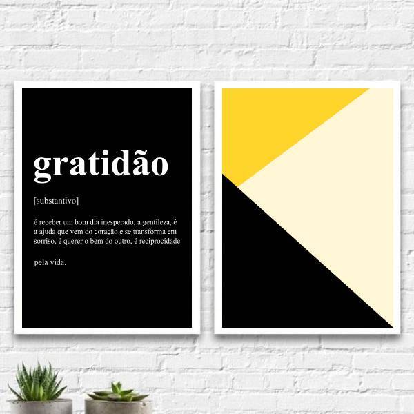 Kit 2 Quadros Gratidão Amarelo E Preto 33x24cm Moldura:madeir