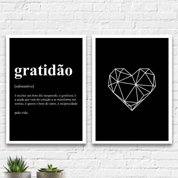 Kit 2 Quadros Gratidão Coração Preto 45x34cm Moldura:madeira