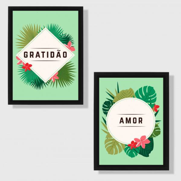 Kit 2 Quadros Gratidão E Amor - Tropical 33x24cm - Com Vidro