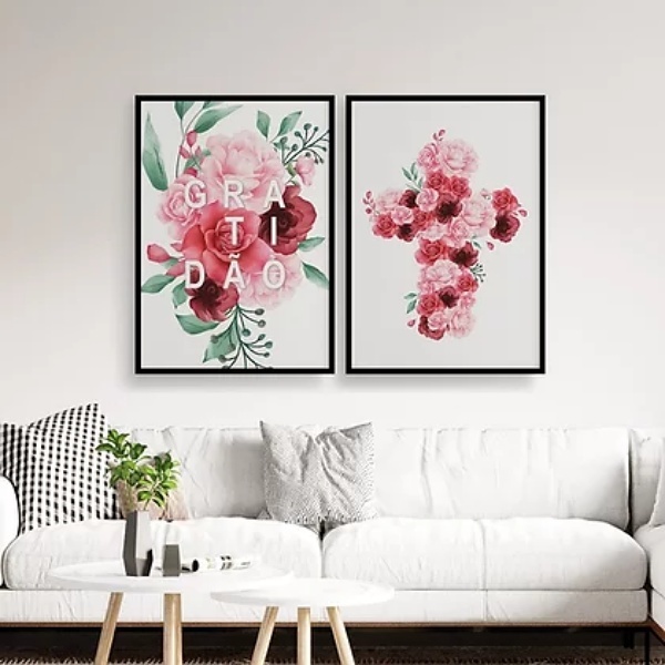 Kit 2 Quadros Gratidão E Cruz Flores 33x24cm Moldura:madeira
