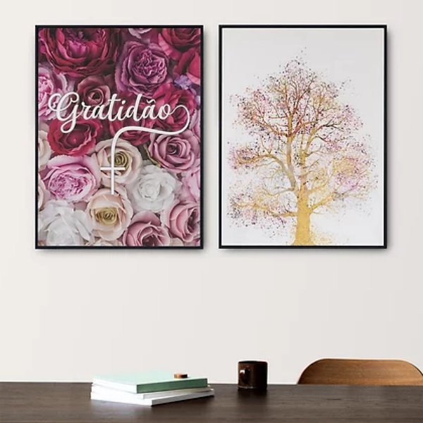Kit 2 Quadros Gratidão Flores E Árvore 45x34cm Moldura:madeir