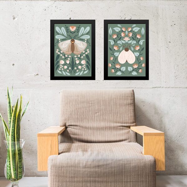 Kit 2 Quadros Gravuras Boho - Borboletas 33x24cm - Com Vidro