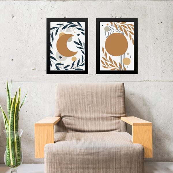 Kit 2 Quadros Gravuras Luas Boho 45x34cm - Com Vidro Moldura