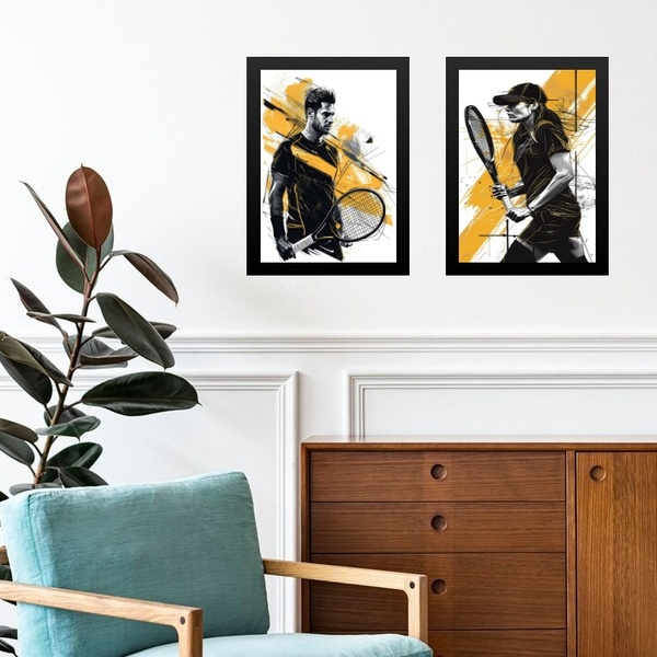 Kit 2 Quadros Gravuras Tenistas - Preto E Amarelo 45x34cm Mol