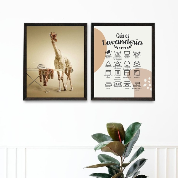 Kit 2 Quadros Guia Da Lavandería - Girafa 33x24cm Moldura Pre