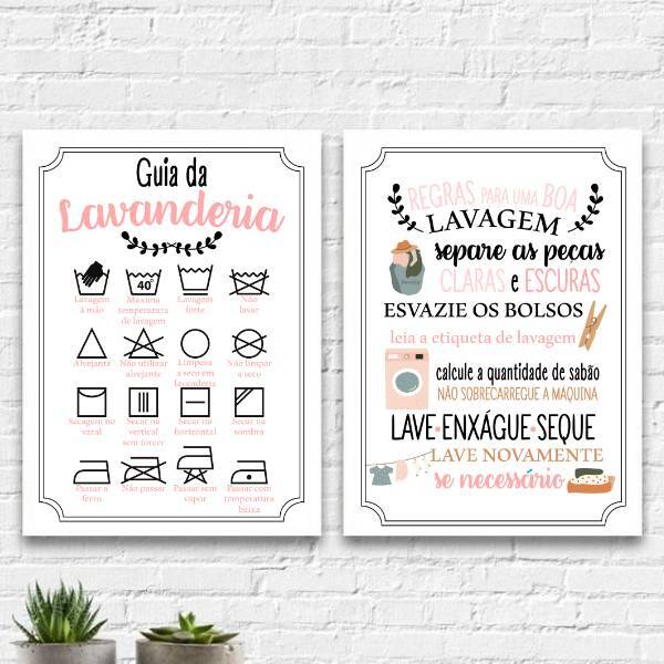Kit 2 Quadros Guia Da Lavanderia Rosa 45x34cm - Com Vidro Mol