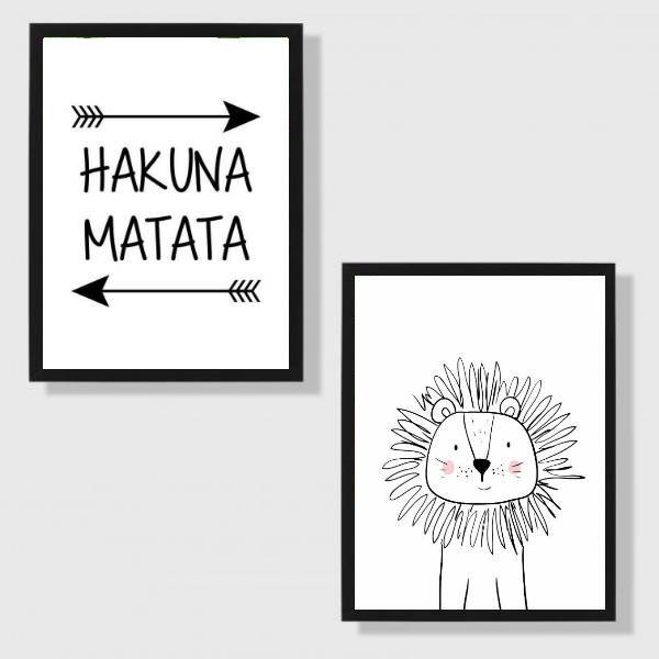 Kit 2 Quadros Hakuna Matata Leãozinho 24x18cm Moldura:madeira
