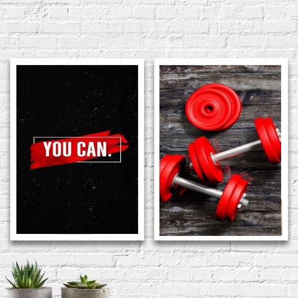 Kit 2 Quadros Halteres De Academia You Can 33x24cm - Com Vidr