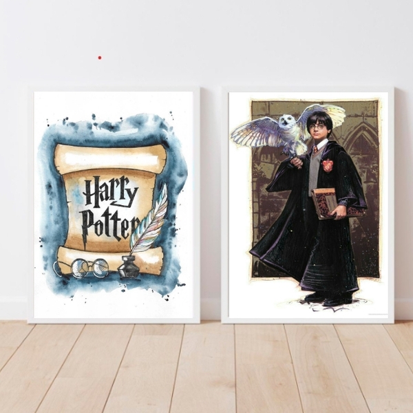 Kit 2 Quadros Harry Potter Aquarela 33x24cm Moldura:madeira B