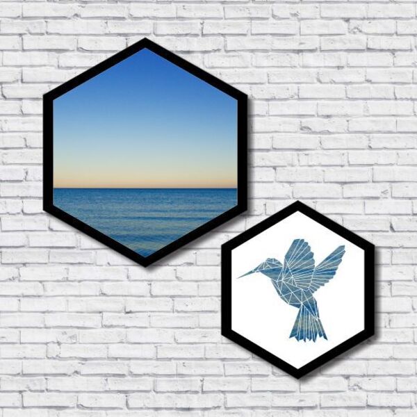 Kit 2 Quadros Hexagonais Mar E Pássaro Geométrico